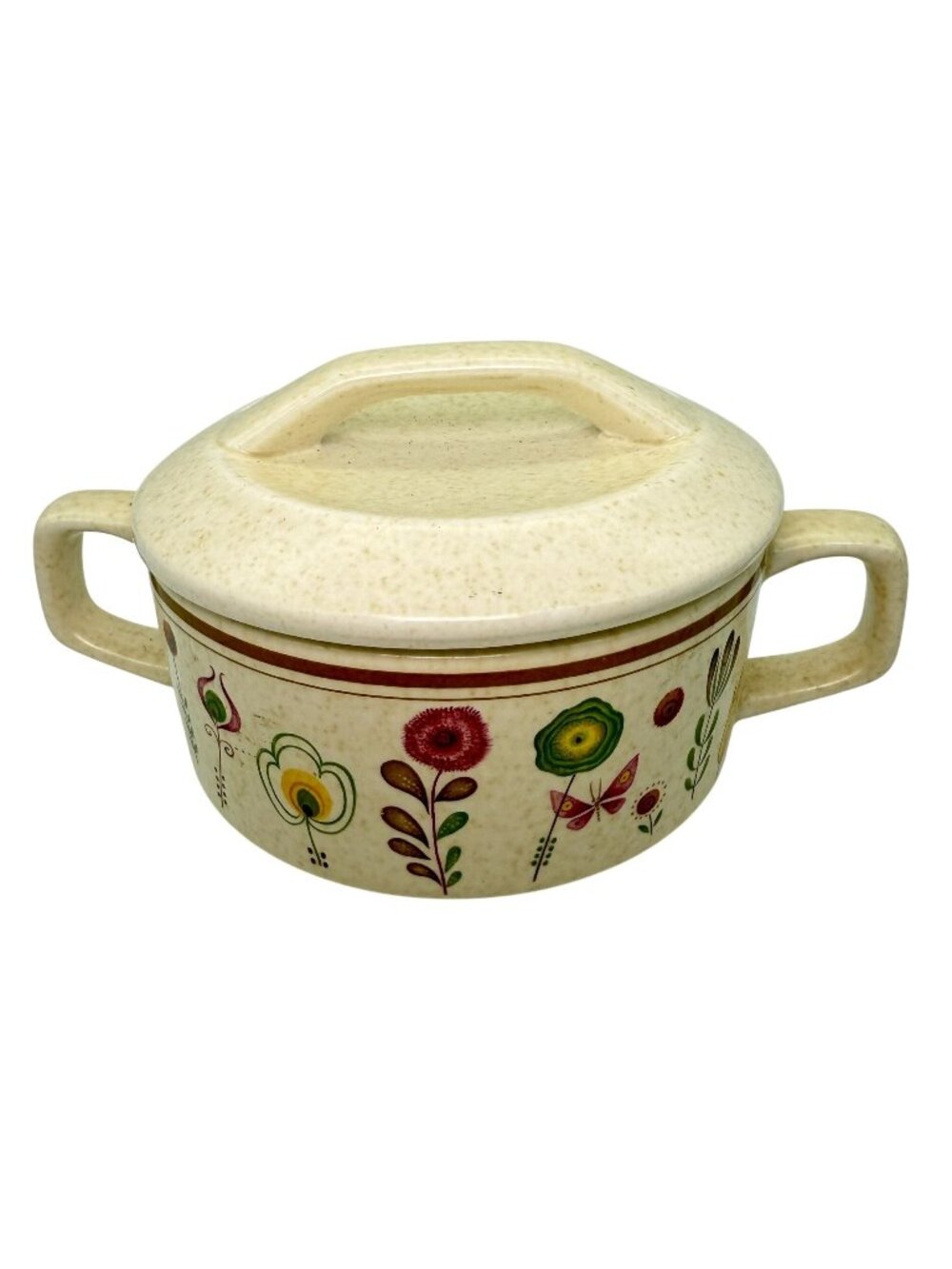 Vtg  Lenox Temper-Ware Sprite Sugar Bowl & Lid Handles Retro Butterflies Flowers